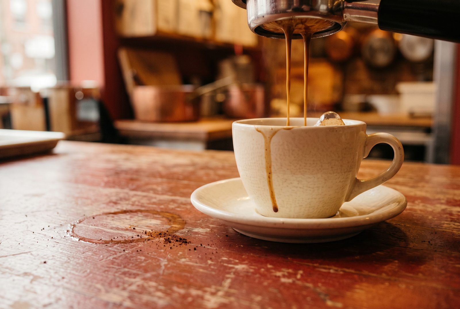 Espresso pouring into a cup at the West Side coffee bar