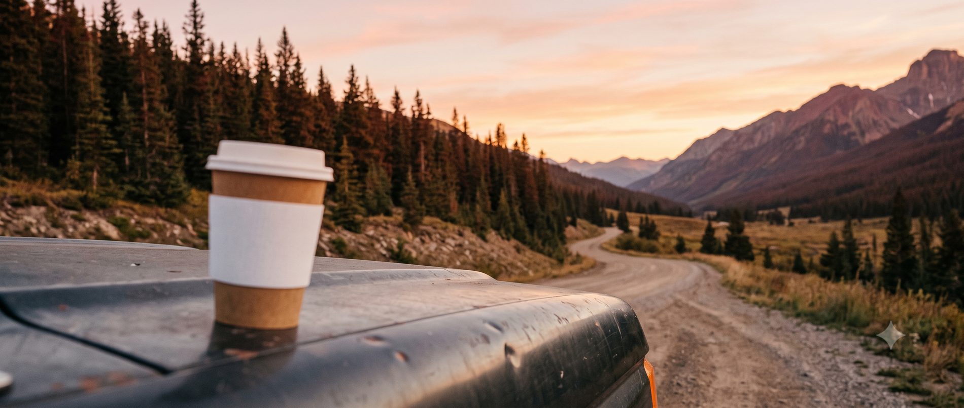 A West Side coffee on the truck hood, the road to the mountains at first light