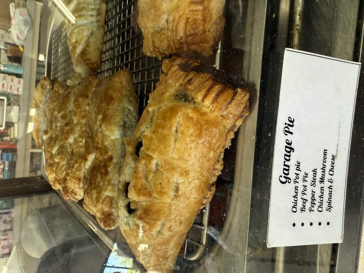 The garage pie menu card and the day's fillings at Westside Market